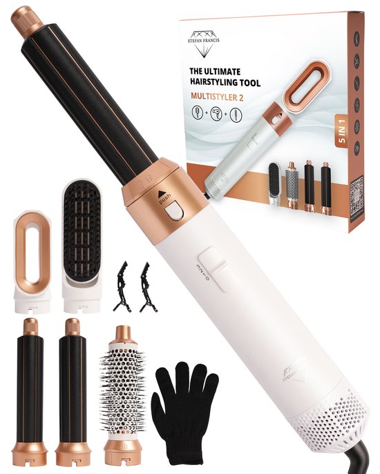 Stefan Francis® 5-in-1 Fohnborstel – Krultang – Krultang 5 in 1 – Krulborstel – Fohn – Stijlborstel – Stijltang – Multistyler – Airstyler – Nieuwste versie 2023