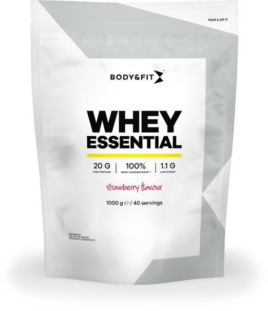 Body & Fit Whey Essential – Eiwitshake Aardbei – Proteine Poeder – Whey Protein – 40 shakes (1000 gram)