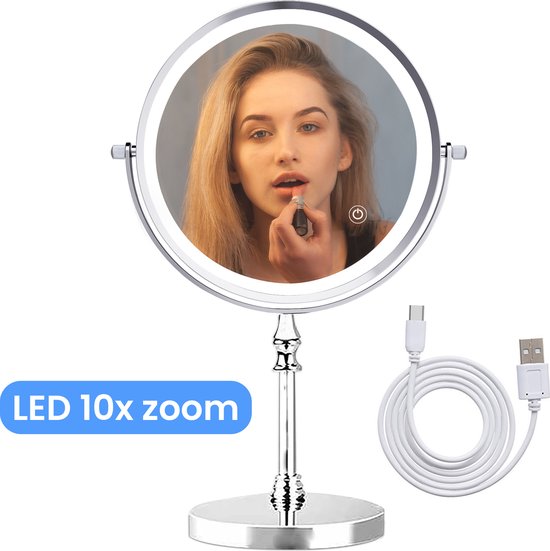 Donjo – Make Up Spiegel met Led Verlichting – 10X Vergroting – Staande Spiegel Rond – Scheerspiegel Staand – 3 Lichtstanden – Chroom