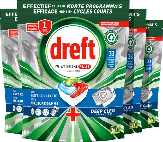 Dreft Platinum Plus All In One Deep Clean – Vaatwastabletten – Voordeelverpakking 4 x 33 stuks