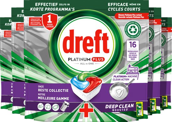 Dreft Platinum Plus All In One Machine Clean – Vaatwastabletten – 5 x 16 Tabletten