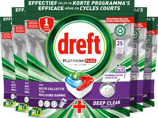Dreft Platinum Plus All In One Machine Clean – Vaatwastabletten – 5 x 25 Tabletten