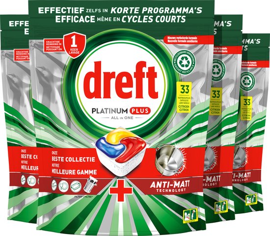 Dreft Platinum Plus All In One – Vaatwastabletten – Citroen – Voordeelverpakking 4 x 33 stuks