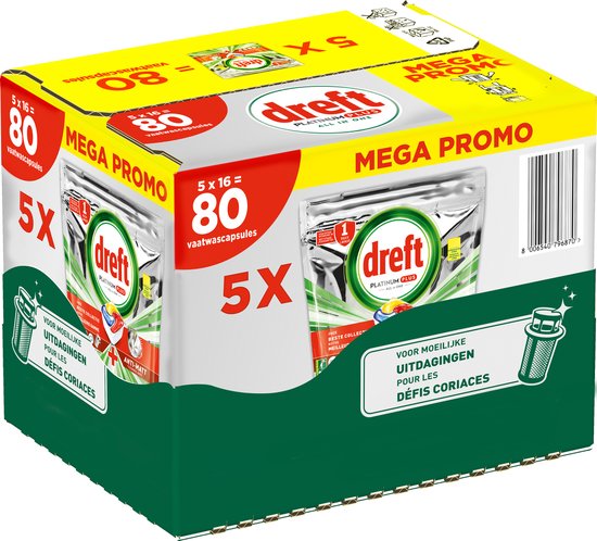 Dreft Platinum Plus All In One – Vaatwastabletten – Citroen – Voordeelverpakking 5 X 16 stuks