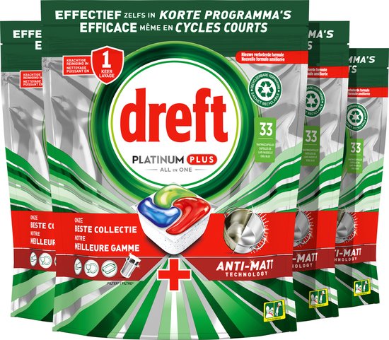 Dreft Platinum Plus All In One – Vaatwastabletten – Voordeelverpakking 4 x 33 stuks