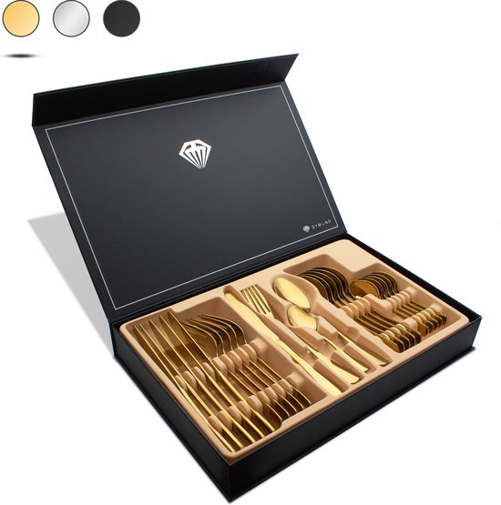 Dymund® Bestekset – 6 Persoons Bestek – (24-delig) – Glans Besteksets – Incl. Bestekbak – RVS – Goud