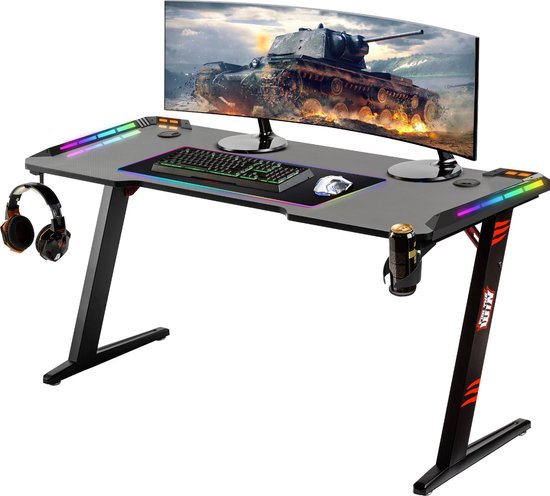 For The Win Game Bureau – 140cm zwart – Gaming Desk met LED Verlichting – Incl RGB muismat XXL