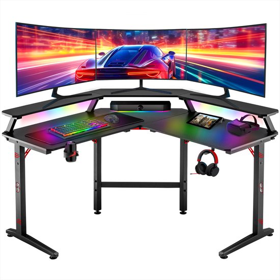 For The Win – L Vormig Game Bureau – 130 x 130 cm – met LED Verlichting – Hoekbureau – Gaming Desk – Incl. RGB Gaming Muismat XXL – Tafel
