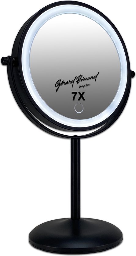 Gerard Brinard oplaadbare Metalen make up LED Spiegel dimbaar zwart, Dubbelzijdig verlicht, 7x vergroting 18cm doorsnee, stroomkabel (USB) – make-upspiegel – beauty – badkamer accessoires