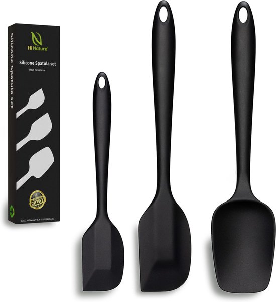 HI NATURE™ Spatel set 3 stuks – Siliconen spatel set BPA vrij – Spatelset – Keukenspatel – Pannenlikker – Bakspaan – Keukengerei set | Spatel silicone hittebestendig – Anti-aanbak – Keuken gerei (Zwart)