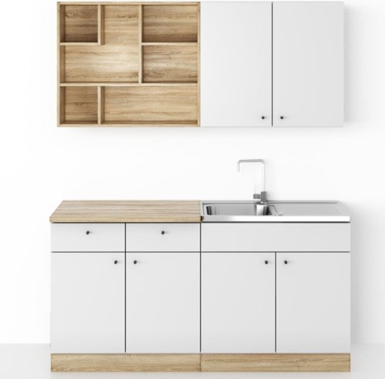 Kleine Keuken 160 cm – Moderne witte keuken – Keukenblok met Spoelbak & Sifon – Keuken Klein – Mini Keuken
