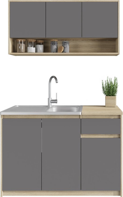 Kleine Keuken Grijs & Eiken – 120cm – Mini Keukenblok – Kitchenette met Franke Spoelbak – Goedkope Keukenkast