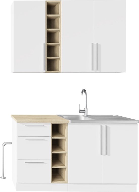 Kleine Keuken Wit Eiken – 140cm – Mini Keukenblok – Kitchenette met Franke Spoelbak – Goedkope Keukenkast