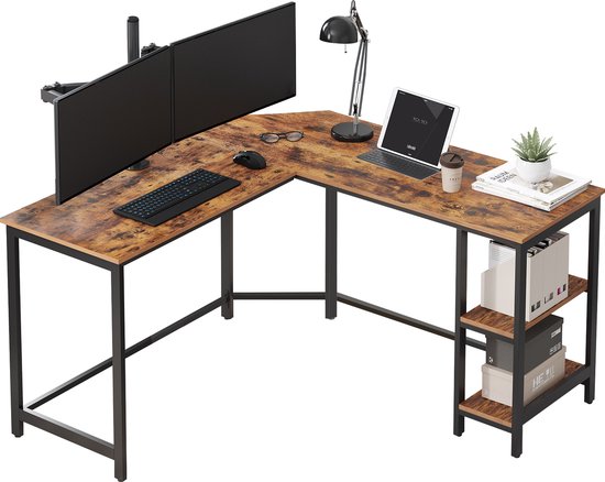L-Vormig Hoekbureau met Legplanken en 2 Tafelbladen – Bureau met Vintage Look – 138x138x75cm – Zwart/Bruin