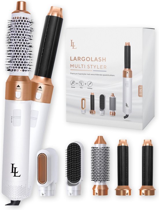 Largolash 5-in-1 Fohnborstel – Krultang – Krultang 5 in 1 – Krulborstel – Fohn – Stijlborstel – Stijltang – Airstyler – Wit/Goud – Nieuwste versie 2.5 Aug 2023