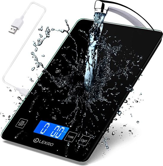 Lekro Digitale Precisie Keukenweegschaal – Weegschaal Keuken – USB Oplaadbaar – 1gr tot 15kg – Tarra Functie – Zwart