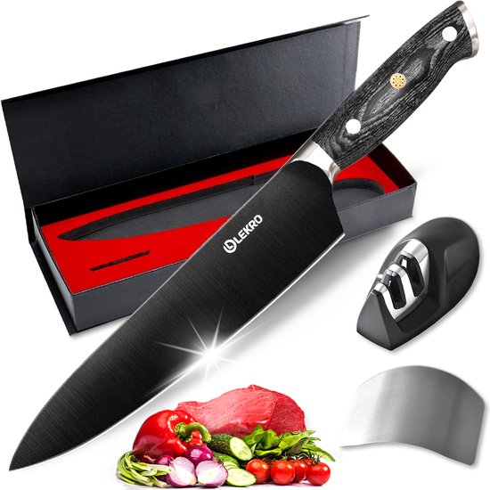 Lekro Koksmes – Keukengerei – Incl. Messenslijper & Vingerbeschermer – Cadeau tip – Keukenmes – RVS – Duurzaam – Ergonomisch Handvat – Zwart – 20 cm