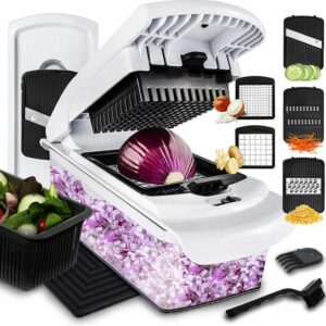 Lekro Multifunctionele Groentesnijder met Glazen Ovenschaal - Mandoline - Uiensnijder - Frietsnijder - Patatsnijder - Groentensnijder- Anti-slip mat - Glas & RSV - 12-delig review en ervaring