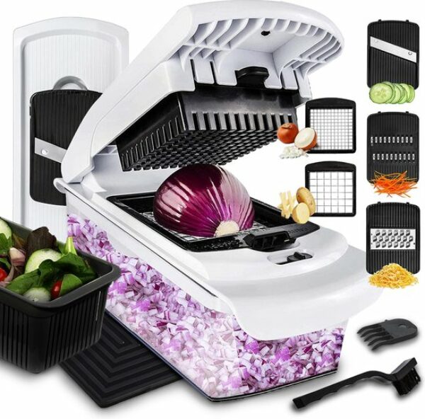 Lekro Multifunctionele Groentesnijder met Glazen Ovenschaal - Mandoline - Uiensnijder - Frietsnijder - Patatsnijder - Groentensnijder- Anti-slip mat - Glas & RSV - 12-delig review en ervaring