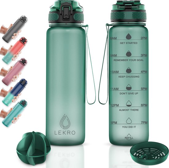 Lekro Waterfles met Tijdmarkeringen – Motivatie Drinkfles Met Fruitfilter en Shake Bal/Shaker – 1 Liter – BPA vrij – Groen