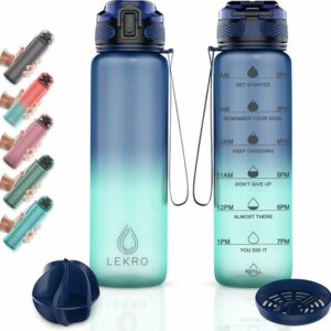 Lekro Waterfles met Tijdmarkeringen - Motiverende Drinkfles Met Fruitfilter en Shake Bal/Shaker - 1 Liter - BPA vrij - Blauw review en ervaring