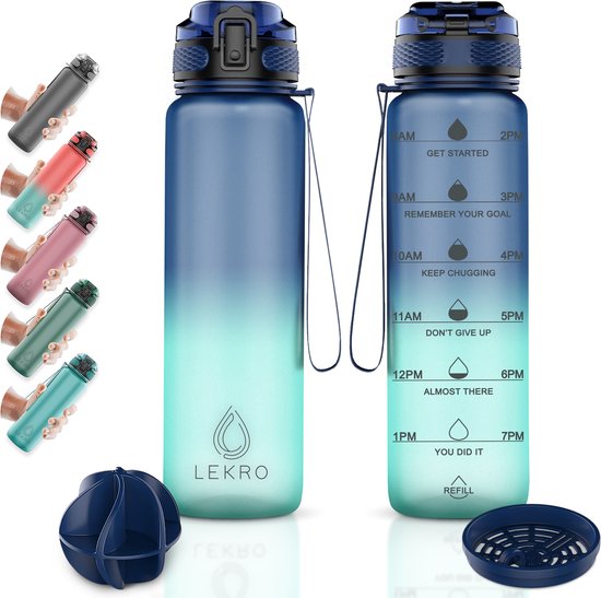 Lekro Waterfles met Tijdmarkeringen – Motiverende Drinkfles Met Fruitfilter en Shake Bal/Shaker – 1 Liter – BPA vrij – Blauw