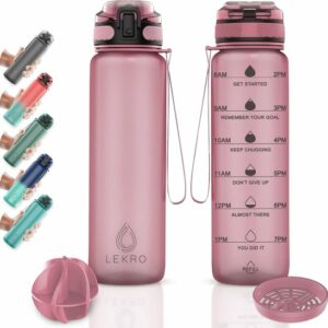 Lekro Waterfles met Tijdmarkeringen - Motiverende Drinkfles Met Fruitfilter en Shake Bal/Shaker - 1 Liter - BPA vrij - Rosé Goud review en ervaring