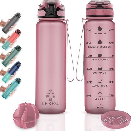 Lekro Waterfles met Tijdmarkeringen – Motiverende Drinkfles Met Fruitfilter en Shake Bal/Shaker – 1 Liter – BPA vrij – Rosé Goud