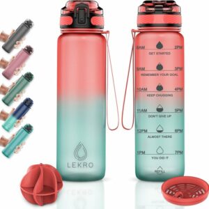 Lekro Waterfles met Tijdmarkeringen - Motiverende Drinkfles Met Fruitfilter en Shake Bal/Shaker - 1 Liter - BPA vrij - Roze/Blauw review en ervaring