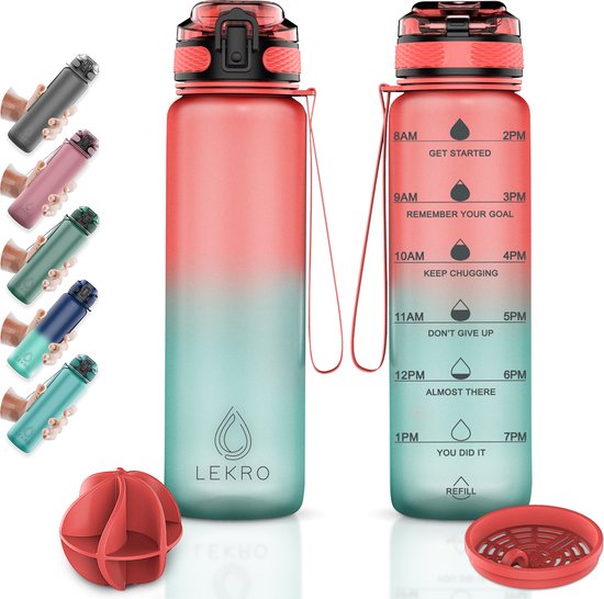 Lekro Waterfles met Tijdmarkeringen – Motiverende Drinkfles Met Fruitfilter en Shake Bal/Shaker – 1 Liter – BPA vrij – Roze/Blauw