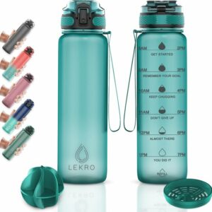 Lekro Waterfles met Tijdmarkeringen - Motiverende Drinkfles Met Fruitfilter en Shake Bal/Shaker - 1 Liter - BPA vrij - Turquoise review en ervaring
