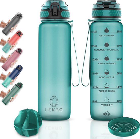 Lekro Waterfles met Tijdmarkeringen – Motiverende Drinkfles Met Fruitfilter en Shake Bal/Shaker – 1 Liter – BPA vrij – Turquoise