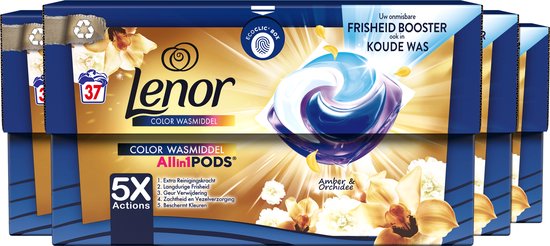 Lenor All in 1 Wasmiddel Pods – Amber & Orchidee – 4 x 37 Wasbeurten – Voordeelverpakking
