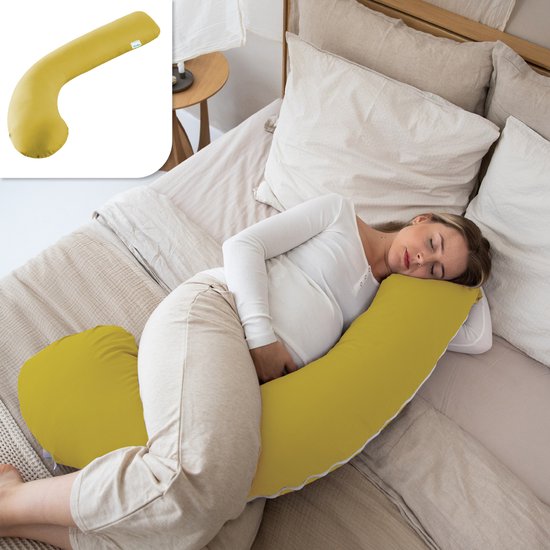 Litollo® Zwangerschapskussen (J-vorm) – Zijslaapkussen – Voedingskussen – Lichaamskussen – Body pillow – 145cm – Afneembare hoes – Okergeel