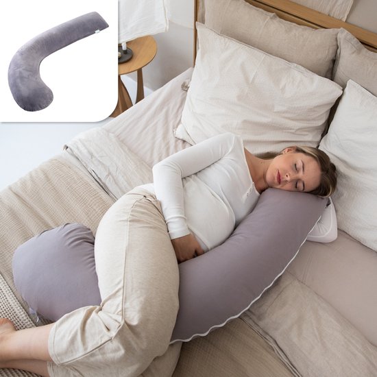 Litollo® Zwangerschapskussen (J-vorm) – Zijslaapkussen – Voedingskussen – Lichaamskussen – Body pillow – 145cm – Zachte fleece stof – Afneembare hoes – Grijs