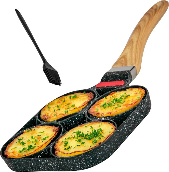 MK – Pannenkoekenpan Inductie – Pancake Pan – Omeletpan – Omeletmaker – Eierpan- anti aanbak – 4 vakjes – Wood