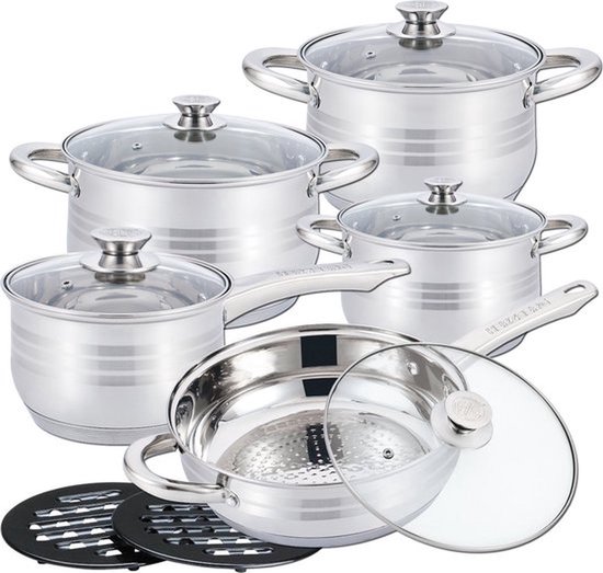 Maison & Kitchen – Kookpannen – Pannenset inductie 12-delig – Glazen Deksel – RVS Pan / Steelpan / Koekenpan – PFAS-vrij