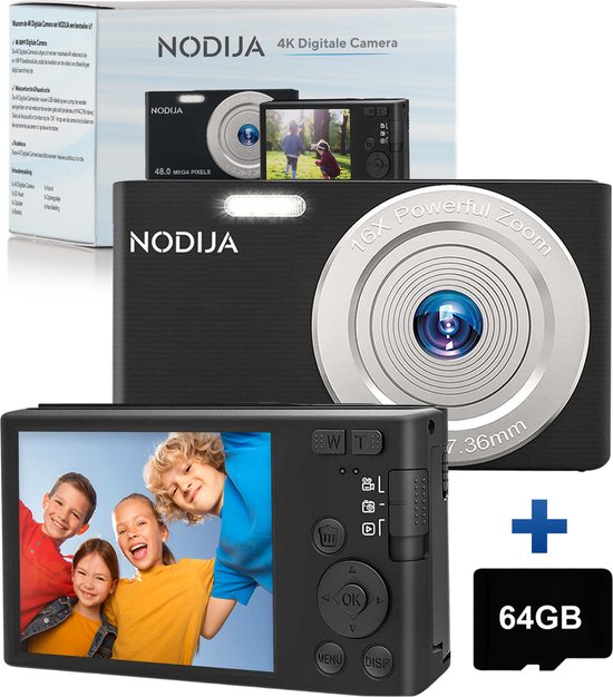 NODIJA® Digitale Camera – Compact Camera – Fototoestel – Videocamera – 64GB SD-kaart