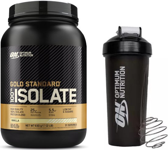Optimum Nutrition Gold Standard 100% Isolate Bundel  – Vanille Whey Protein Isolaat + ON shakebeker – 930 gram (31 shakes)