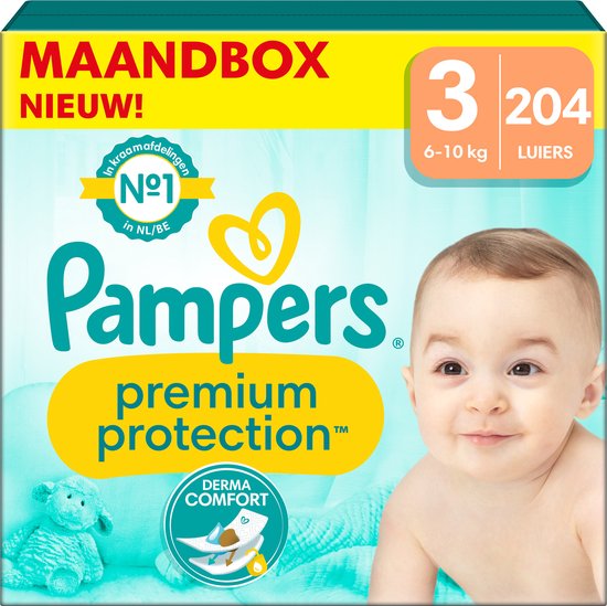 Pampers Premium Protection – Maat 3 (6-10kg) – 204 Luiers – Maandbox