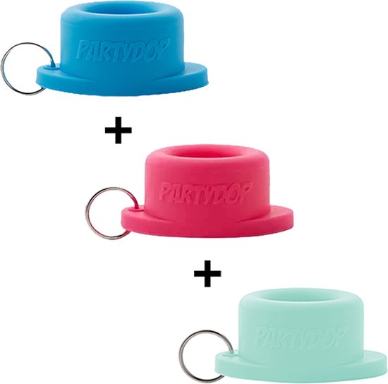PartyDop – Universele flessendop – Festival dop – Partycap – Festidop – Met sleutelhanger – roze – blauw – mintgroen – 3 stuks