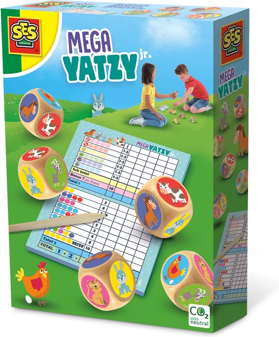 SES – Mega Yatzy junior – met plaatjes – simpele puntentelling – grote houten dobbelstenen