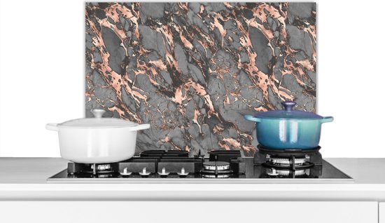 Spatscherm Keuken – Kookplaat Achterwand – Spatwand Fornuis – 60×40 cm – Marmer – Rose – Grijs – Patronen – Aluminium – Wanddecoratie – Muurbeschermer – Hittebestendig – Keuken decoratie aanrecht