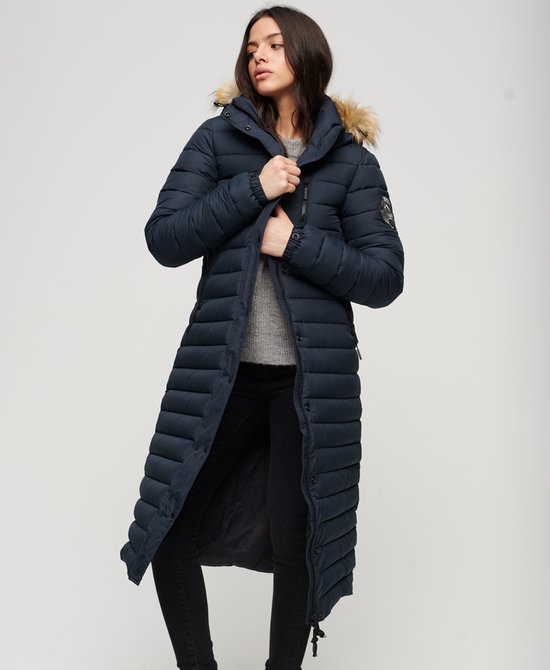 Superdry Fuji Hooded Longline Puffer Dames Jas – Nordic Chrome Navy – Maat M