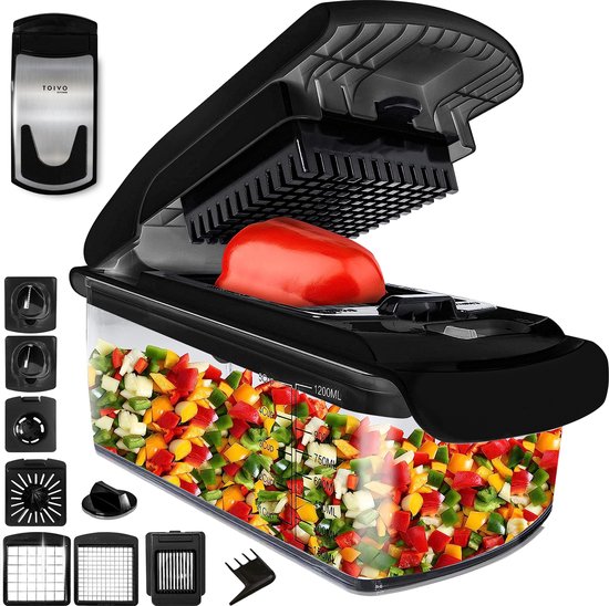 Toivo Kitchen Groentesnijder – Multifunctioneel – Zwart – 11 in 1 Keuken mandoline – Handmatig – Keukensnijder – Uiensnijder – Spiraalsnijder – Frietsnijder – Rasp