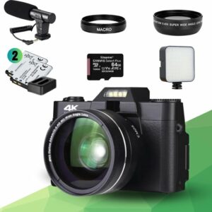 Vlog camera voor beginners - WIFI 4K 48MP 16X digitale camera - flipscreen - macro lens - wide lens - externe microfoon - externe ledlicht - 64gb geheugen kaart - 2 batterijen - vlog camera - vlog camera met schermpje review en ervaring