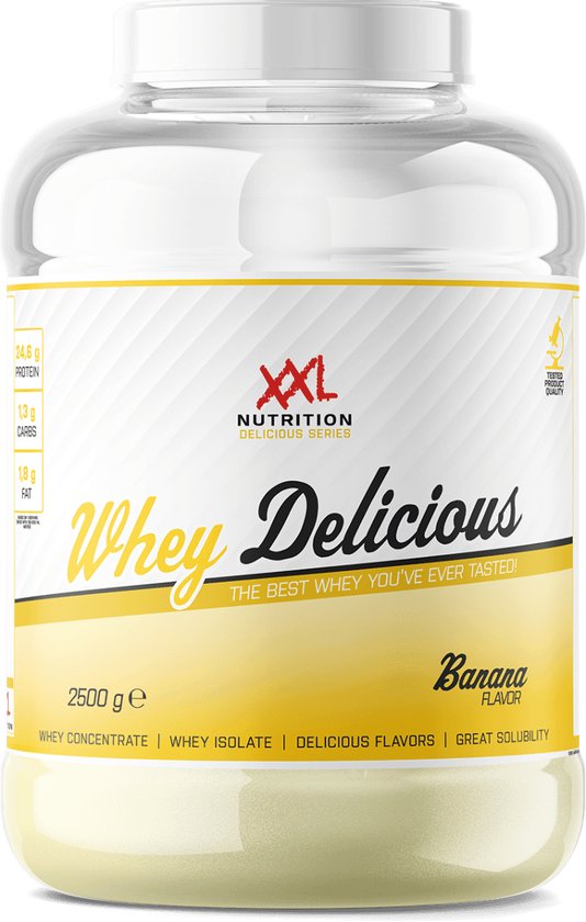XXL Nutrition – Whey Delicious – Banaan – Wei Eiwitpoeder met BCAA & Glutamine, Proteïne poeder, Eiwit shake, Whey Protein – 1000 gram